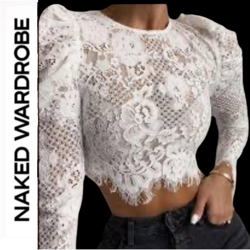 Naked Wardrobe🤍 The Statement white lace ruffle crop top ~ NWT small